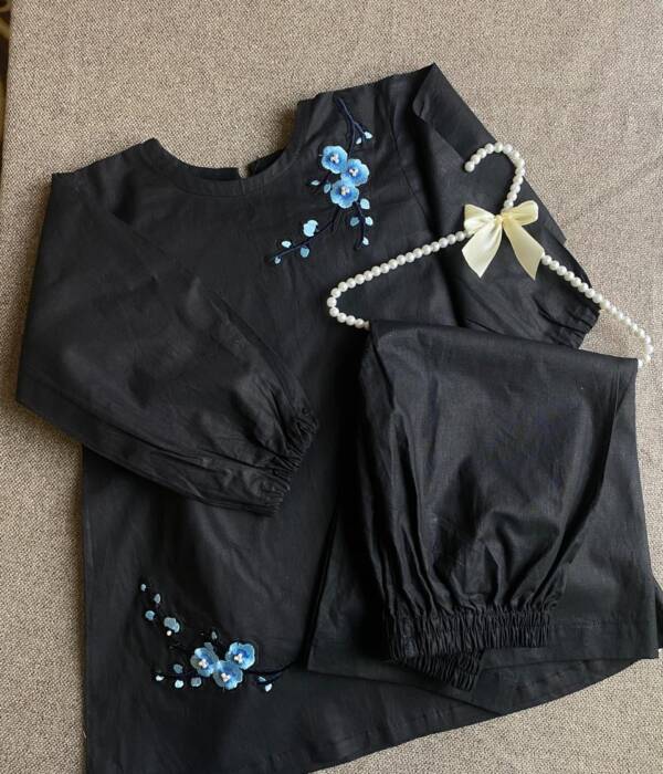 black cotton set with beautiful blue floral embroidery