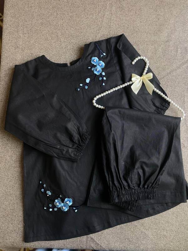 black cotton set with beautiful blue floral embroidery